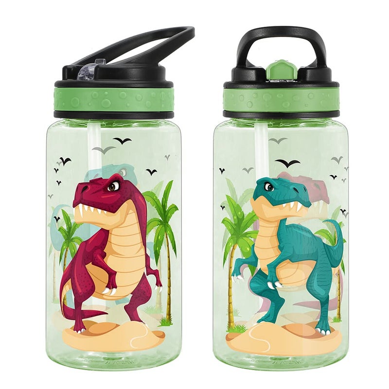 Home Tune 15oz Water Bottle for Kids Girls Boys School, BPA Free, Leak Proof Flip Straw, Carry Loop, Easy Clean - Dinosaur - Image 2